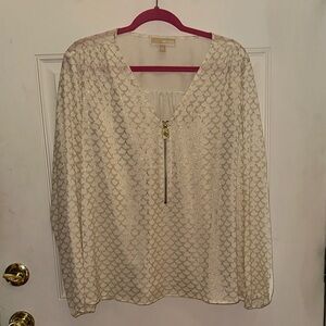 Michael Kors Cream Long-Sleeve Metallic Scallop Zip Blouse